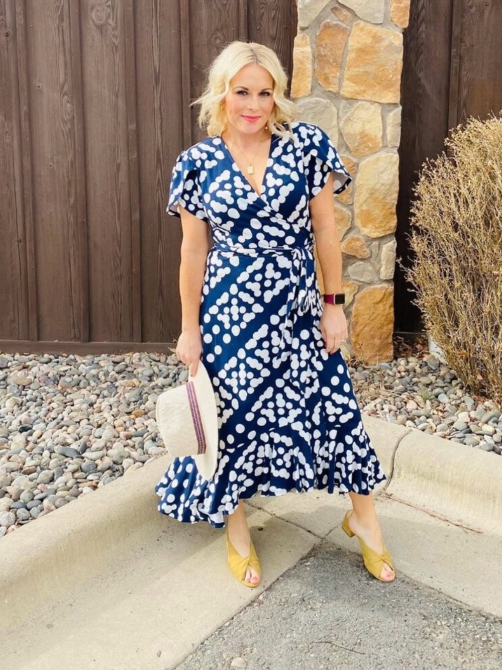 CAbi Navy and White Wrap Maxi Dress with Dot Print